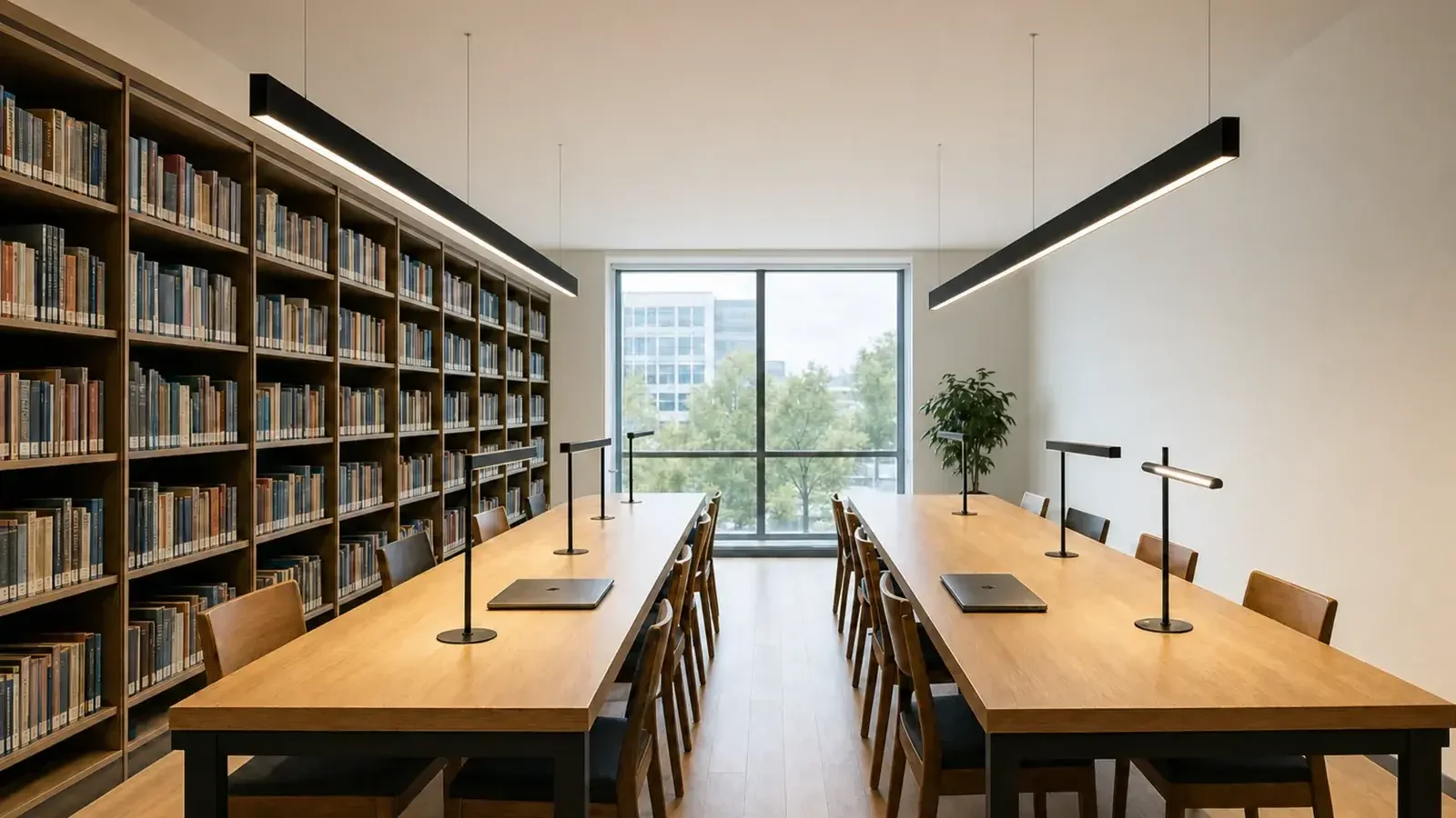 Suspended linear pendants over library tables
